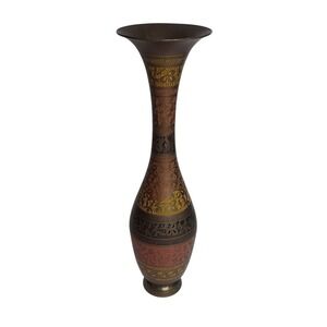 Vintage Brass Floral Vase Hand Decorated made in India 13in Tall #382